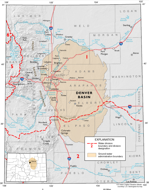 Map of Denver Basin showing water division boundary